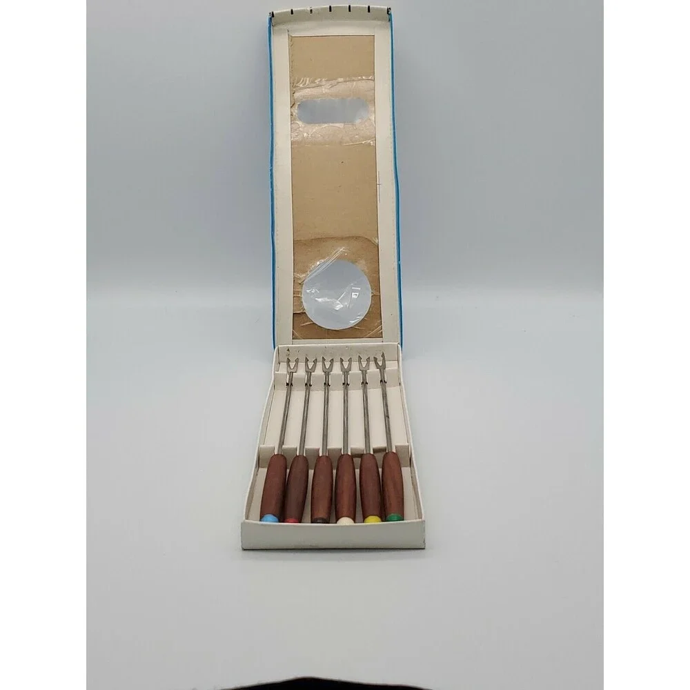MCM Stainless Steel Japan Fondue Forks Color Coded Teak Wood Handles NIB 6 Piece